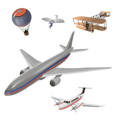 Airplanes vector image design set. Balloon, hang glider, old airplane model, private jet, passenger airplane. Transportation and aircraft illustration and design element set