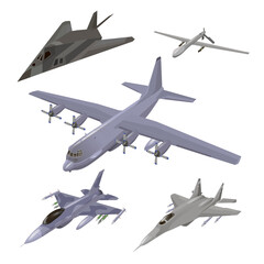 Fototapeta na wymiar Military aircraft set. Fighter jet, F-117 Nighthawk, interceptor, cargo airplane, spy drone vector illustrations set isolated. Army flying machine. For military aviation concepts