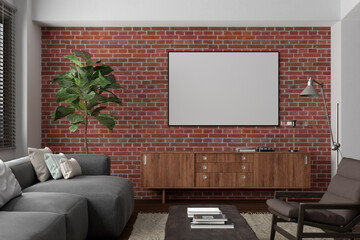 Horizontal blank poster mockup on red brick wall in interior of living room.