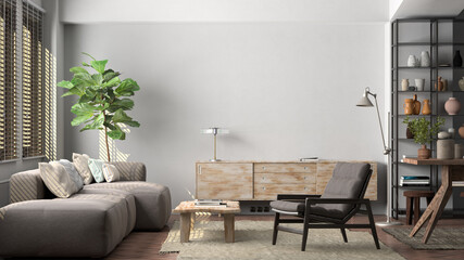 Mockup of blank white wall in interior of living room.