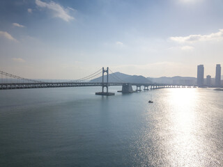 Aerial view of the Gwangandaegyo suspension bridge located in Busan, South Korea