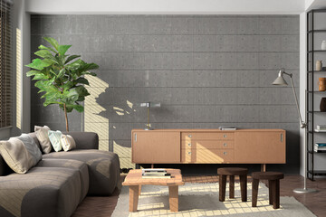 Mockup of blank concrete wall in interior of living room.