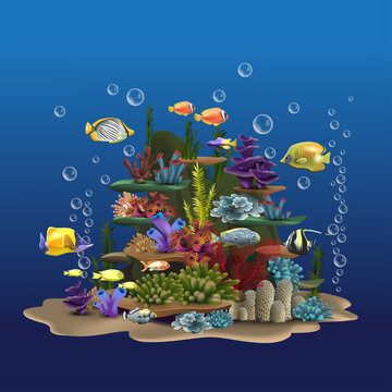Seascape rocks and plants. Underwater view with sand and seaweed, fish floating near the bottom of the ocean. Aquatic image wildlife vector illustration