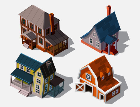 Isometric houses in european style, vector illustration. Collection houses isolated on white for buildings and computer game design. Architectural exterior for cartoon 3d town, game graphics