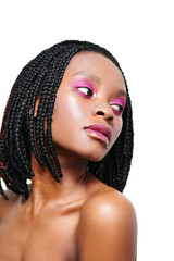 beauty portrait of an african american girl. pink visage make-up. White background. isolate. vertical frame