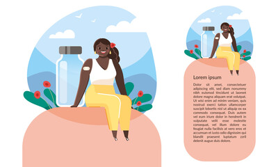 Illustration d'une jeune femme Afro qui vient de se faire vacciner, personnage avec un grand sourire, flacon de médicament, communication pharmacie, prévention des maladies