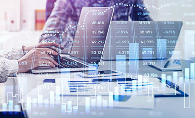 Two business people traders working together to develop new trading strategy. Stock market changes, business graph chart. Overlay. Concept of internet trading