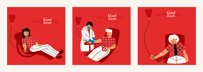 World Blood Donor Day. Set of vector illustrations on blood donor concept. Men and women donate blood voluntarily. A nurse in a medical uniform and protective mask assists at the transfusion station - obrazy, fototapety, plakaty