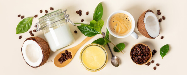 Ingredients for paleo style and ketogenic bulletproof coffee, , paleo, keto, ketogenic drink...