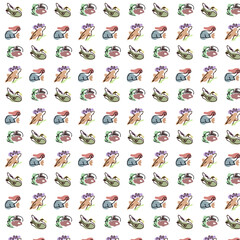 Pattern with drawings of silhouettes of elephant, giraffe, crab and lizard  with color blur 