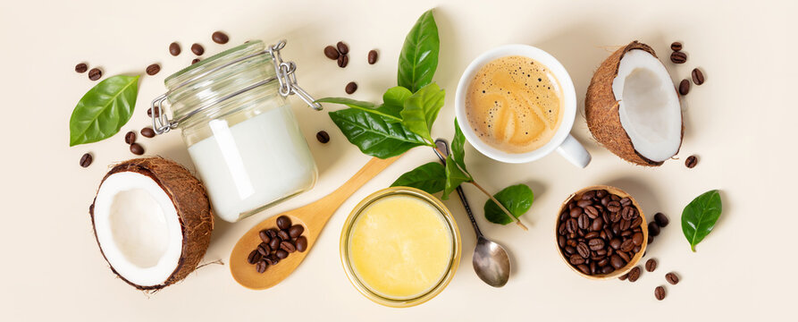 Ingredients for paleo style and ketogenic bulletproof coffee, , paleo, keto, ketogenic drink breakfast.