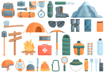 Expedition icons set. Cartoon set of expedition vector icons for web design