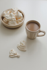 breakfast with a cup of coffee on a white table top view, flat lay