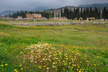 ancient city of Hierapolis in Pamukkale Turkey on the background of mountains