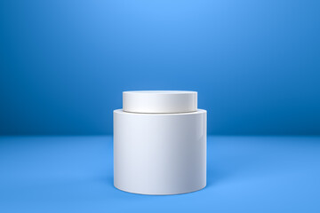 Round product display podium. Minimal white geometric shape stage scene on blue background. 3d rendering.