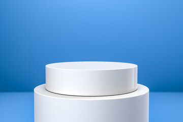 Round product display podium. Minimal white geometric shape stage scene on blue background. 3d rendering.