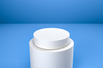 Round product display podium. Minimal white geometric shape stage scene on blue background. 3d rendering.