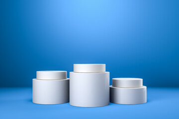 Round product display podium. Minimal white geometric shape stage scene on blue background. 3d rendering.
