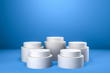 Round product display podium. Minimal white geometric shape stage scene on blue background. 3d rendering.