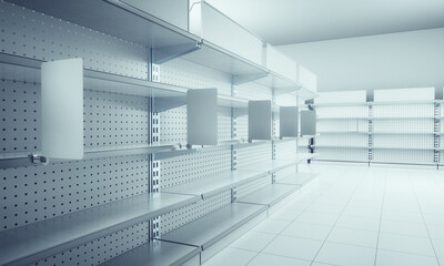 Set Of Shelves In Supermarket, Blank Shelf-stoppers, Empty Shelves With Blank Banners, 3D Mock-up