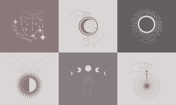 A set of templates with esoteric cosmic symbols. Silhouette of hands, lunar cycles, sun, stars, space.