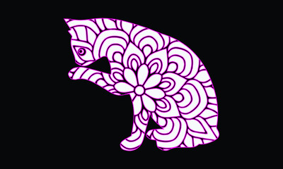 Sitting kitten in zentangle style in vector. Hand drawn sketch little cat with floral oprament. Adult antistress coloring page. Doodle. Line art. Decorative element for T-shirt emblem, tattoo, logo.