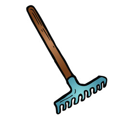 Garden tool. Color rake with a long handle in doodle style
