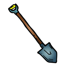 Color illustation of shovel with the wooden handle in doodle style