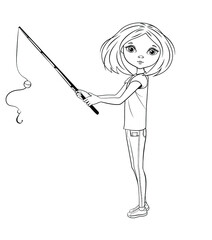 Cute girl holding a fishing rod. Coloring page. Cartoon clipart  for kids. Vector illustration.