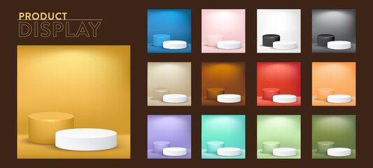 Fototapeta premium Colorful Products display scene with 3D Podium Geometric shape. Design Products Template for Fashion, Cosmetics Products, Ads and banner Background. Vector Illustration EPS10.
