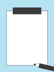 メモ用紙のフレーム素材、イラスト （マスキングテープ、鉛筆、モノクロ、水色背景、縦長ver）