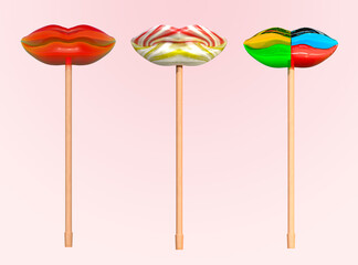 Multicolored lollipops on wooden sticks isolated on pink background