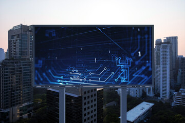 Glowing hologram of technological process on billboard, aerial panoramic cityscape of Bangkok at sunset. The largest innovative hub of tech services in Southeast Asia.