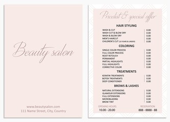 Illustration sticker business card for beauty salon with web site adress phone number for reservation opening hours pricelist and special offer	
 - obrazy, fototapety, plakaty