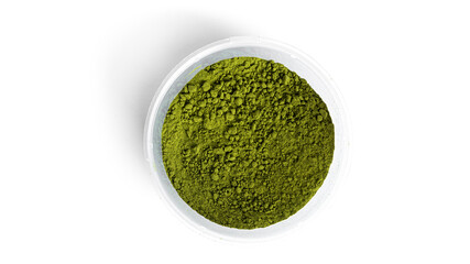 Green matcha powdered tea isolated on white background.