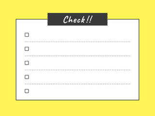 メモ用紙、チェックリストのフレームイラスト（マスキングテープ、モノクロ、黄色背景、横長ver）