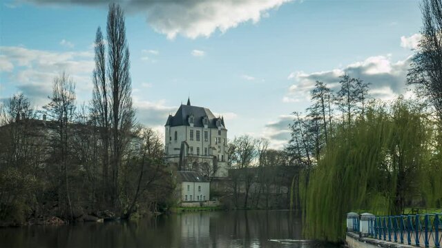 Chateauroux, France, Winter Sunset on Castel Raoul with reflection, Timelapse