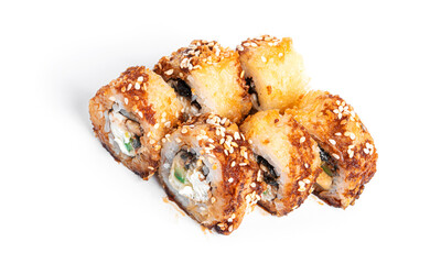 Fototapeta na wymiar Hot Fried Sushi Roll with eel isolated on white background. Hosomaki.
