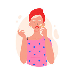 Beauty routine. Beautiful young lady. Gua sha spa procedure. Face anti aging skin care method. Hand drawn trendy vector illustration. 