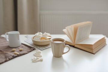 breakfast with a cup of coffee on a white table top view, flat lay