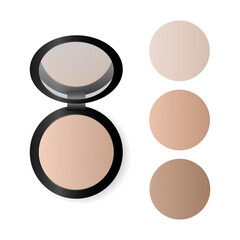 Cosmetic powder for the face with a mirror. Several shades from light to dark. Vector illustration