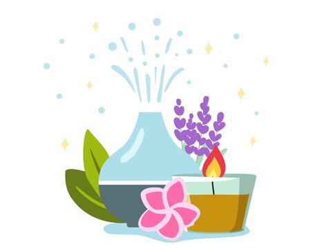 Decorative ultrasonic home diffuser and lavender flowers for meditation and freshness at home and aromatherapy Concept of a home spa and wellness space flat editable vector illustration