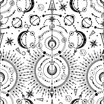 Vector illustration, astronomical geometry, moon, stars, print on t-shirt, tattoo, Handmade, seamless pattern, light  background