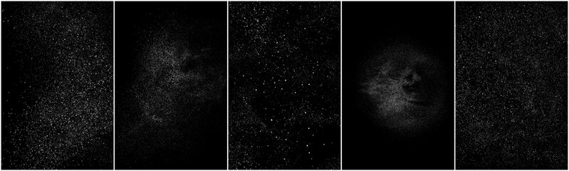 Set of distressed white grainy texture. Dust overlay textured. Grain noise particles. Snow effects pack. Rusted black background. Vector illustration, EPS 10.   