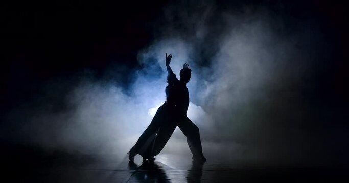 A ballroom couple perform under a spotlight on a stage in smoke. They perform at the ball, only their silhouettes are visible. They make beautiful and sophisticated supports. He spins her around