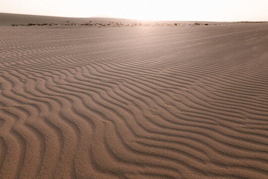 Picturesque view of dunes with uneven surface and sandy hills under light sky in desert