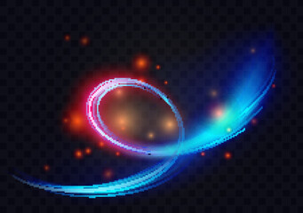Light circle swirl spiral shapes and lines, abstract energy effect vector illustration. Shiny neon rings shine with flying magic bright luminous particles and sparkles on transparent black background
