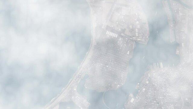 Flying through clouds aerial satellite view of city harbor, Ensenada Baja California animation. Images furnished by Nasa
