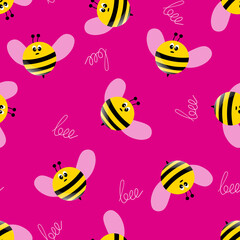 Seamless pattern with bees on color background. Small wasp. Vector illustration. Adorable cartoon character. Template design for invitation, cards, textile, fabric. Doodle style