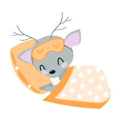  
cute sleeping grey fawn on pillow with blanket on the white background